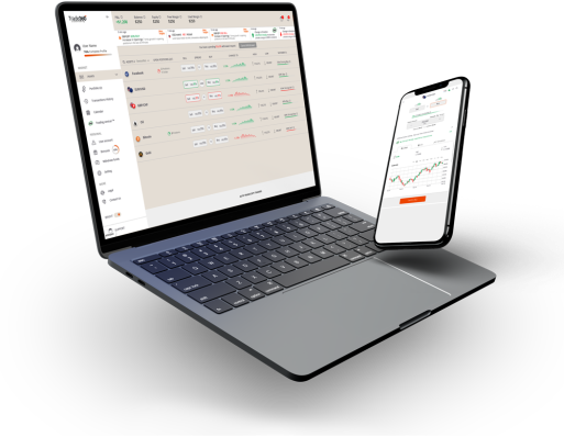 a desktop that has platform open and a mobile app for Trade360